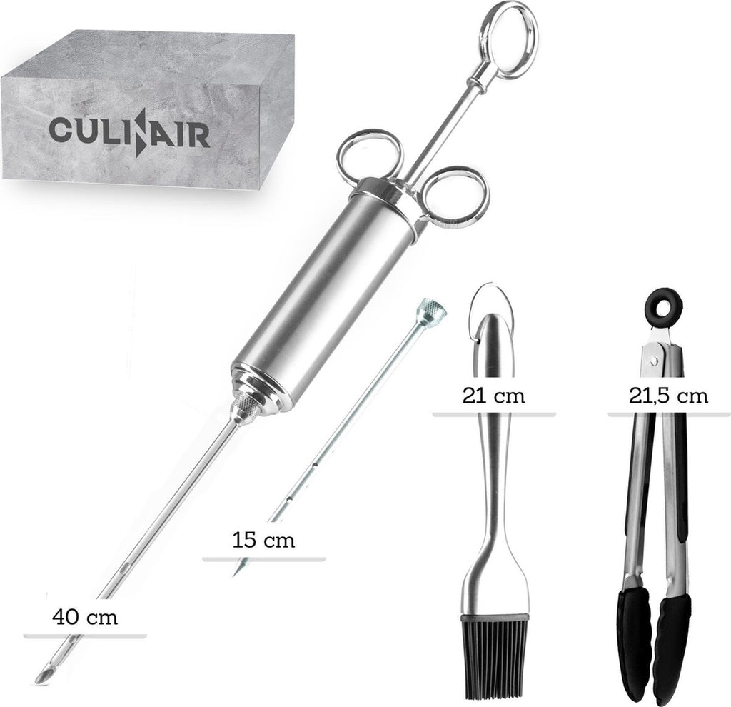 Culi-N-Air Marinade Injectiespuit Set - Injector voor de Keuken, BBQ, Smoker - Vlees Spuit Inclusief Bakkwast & Vleestang