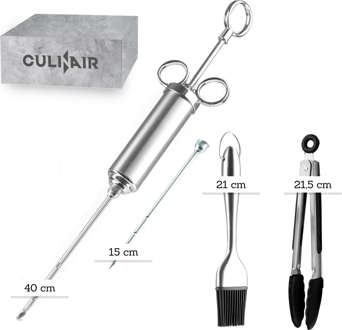 Culi-N-Air Marinade Injectiespuit Set - Injector voor de Keuken, BBQ, Smoker - Vlees Spuit Inclusief Bakkwast & Vleestang