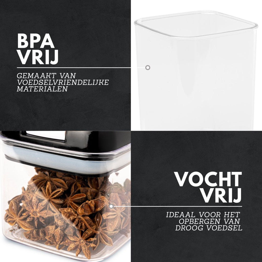 Culi-N-Air Voorraadpotten - Set van 7 - Transparant/Zwart - Water en Luchtdicht - Stapelbare Voorraadbussen - Inclusief Labels, Krijtstift en Maatlepels