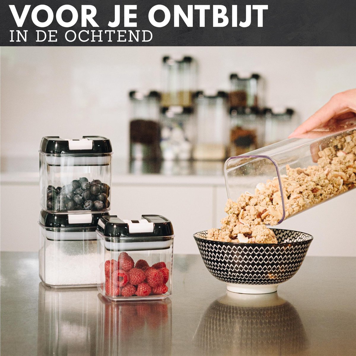 Culi-N-Air Voorraadpotten - Set van 7 - Transparant/Zwart - Water en Luchtdicht - Stapelbare Voorraadbussen - Inclusief Labels, Krijtstift en Maatlepels