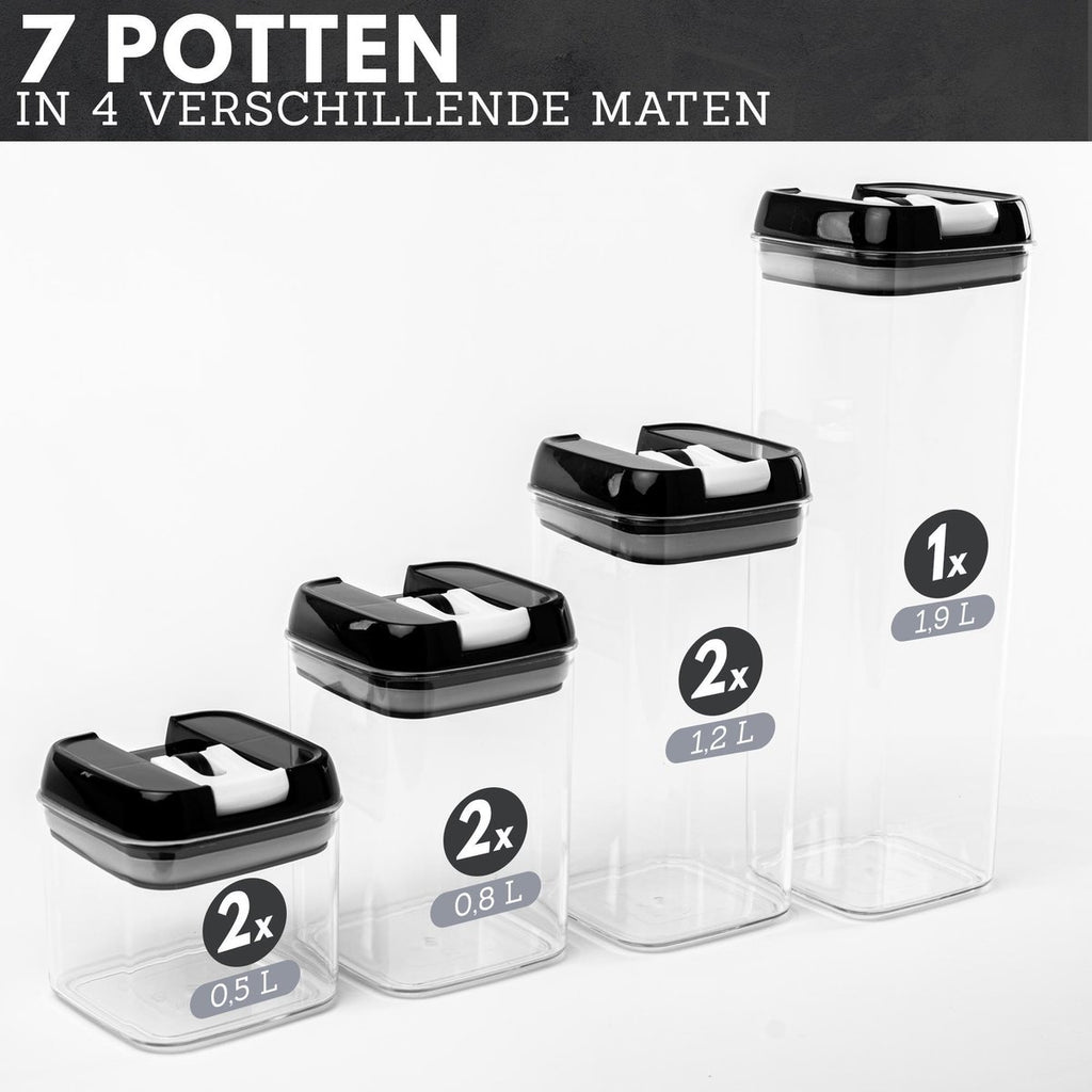 Culi-N-Air Voorraadpotten - Set van 7 - Transparant/Zwart - Water en Luchtdicht - Stapelbare Voorraadbussen - Inclusief Labels, Krijtstift en Maatlepels