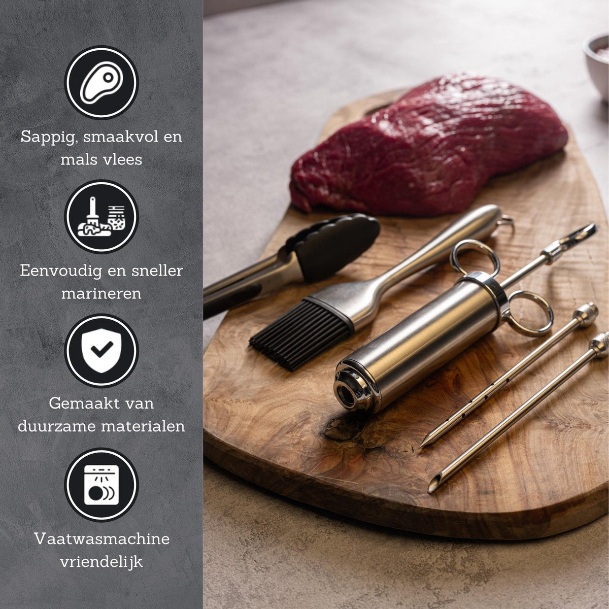 Culi-N-Air Marinade Injectiespuit Set - Injector voor de Keuken, BBQ, Smoker - Vlees Spuit Inclusief Bakkwast & Vleestang