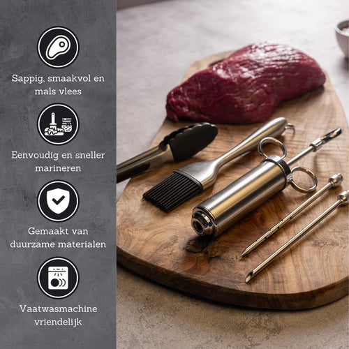 Culi-N-Air Marinade Injectiespuit Set - Injector voor de Keuken, BBQ, Smoker - Vlees Spuit Inclusief Bakkwast & Vleestang