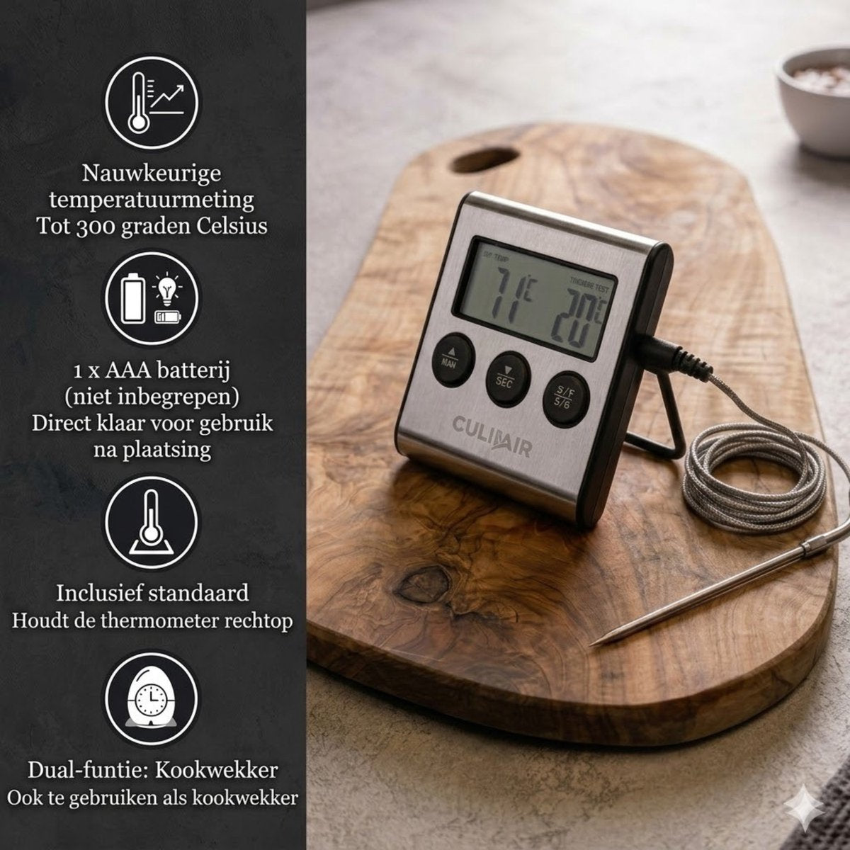 Culi-N-Air Digitale Thermometer – Kernthermometer – Keukenthermometer – BBQ Thermometer – Vleesthermometer – Oventhermometer – Suikerthermometer – RVS Sonde – LCD Display