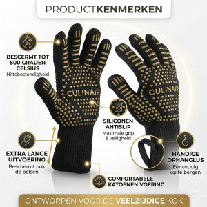 Culi-N-Air Premium BBQ Handschoenen - Hittebestendig tot 500°C - Ovenhandschoenen - Extra Lange Mouw - Siliconen Antislip Grip - 1 Paar - Zwart/Goud