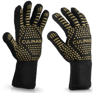 Culi-N-Air Premium BBQ Handschoenen - Hittebestendig tot 500°C - Ovenhandschoenen - Extra Lange Mouw - Siliconen Antislip Grip - 1 Paar - Zwart/Goud